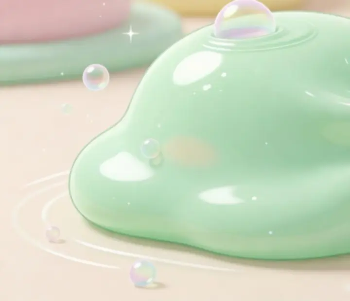 Közelkép egy puha slime nyálkaállatról, amelyhez buborékos, lágy ASMR hanghatások kapcsolódnak