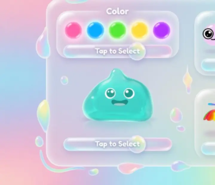 Slime testreszabás menü, különböző színekkel, arcokkal és mintákkal