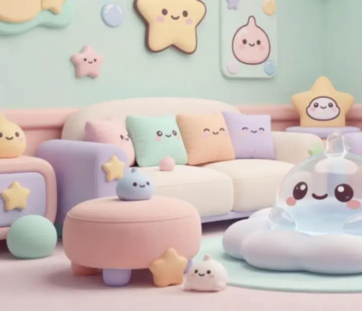 Pasztell színekkel díszített virtuális szoba, puha párnákkal és buborékos slime dekorációkkal