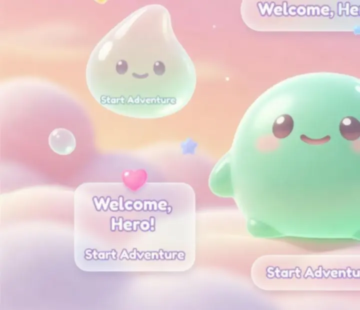 Mosolygó, pasztell színű slime virtuális kisállat, buborékos kawaii háttérrel
