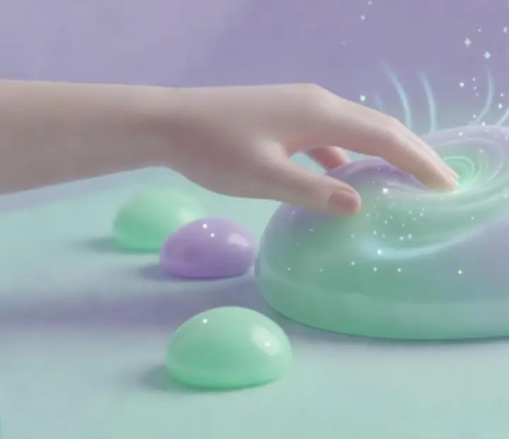Puha, színes hanghullámok és buborékok, amelyek ASMR élményt nyújtanak a slime kisállat gondozása közben