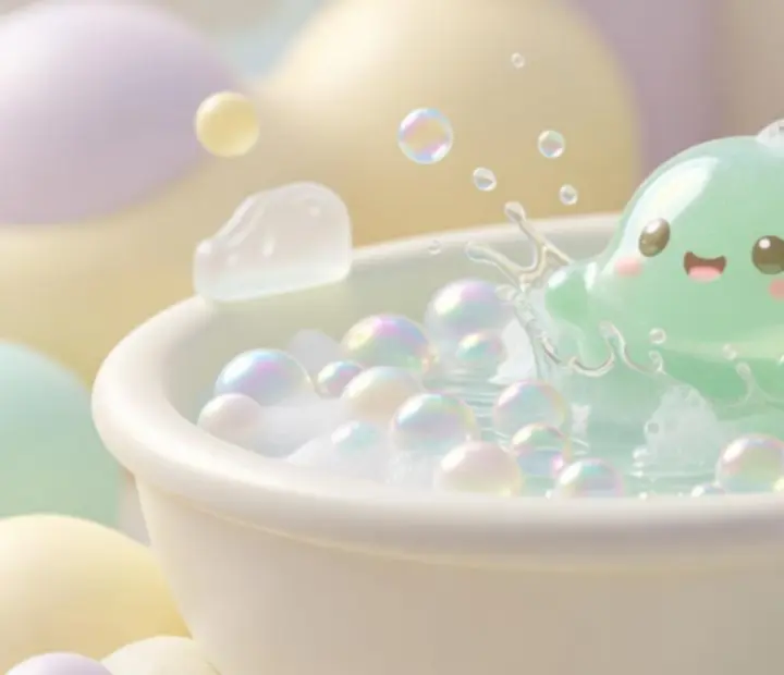 Buborékos fürdőben lazító, mosolygó slime nyálkaállat a játékban