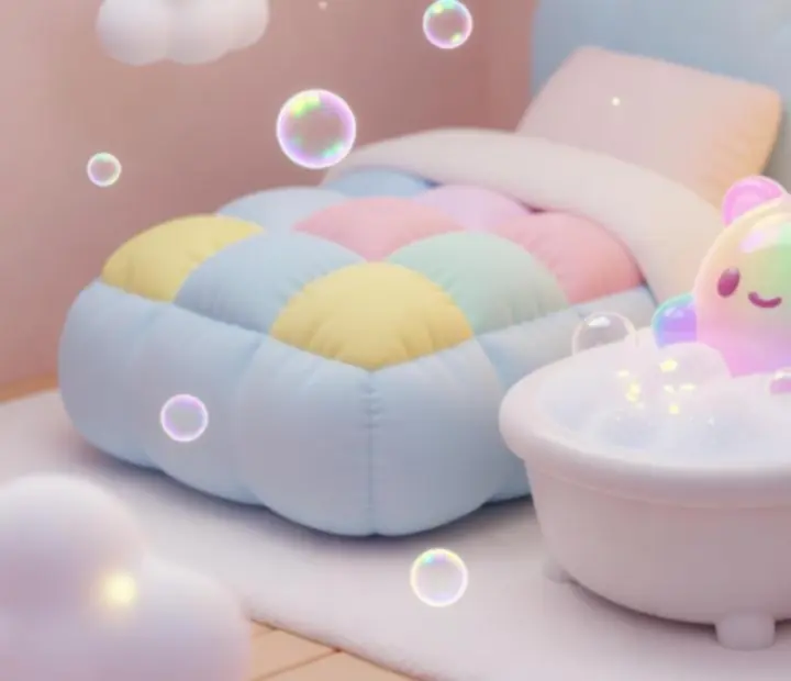 Slime kisállat, amint fürdik, eszik és alszik egy pasztell otthonban
