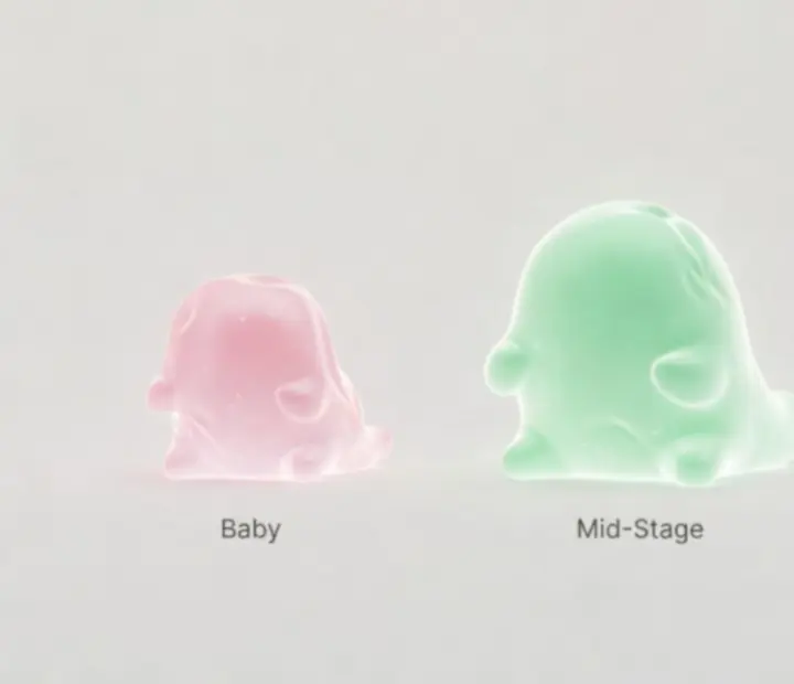 Különböző slime evolúciós szakaszok, eltérő színekkel és formákkal