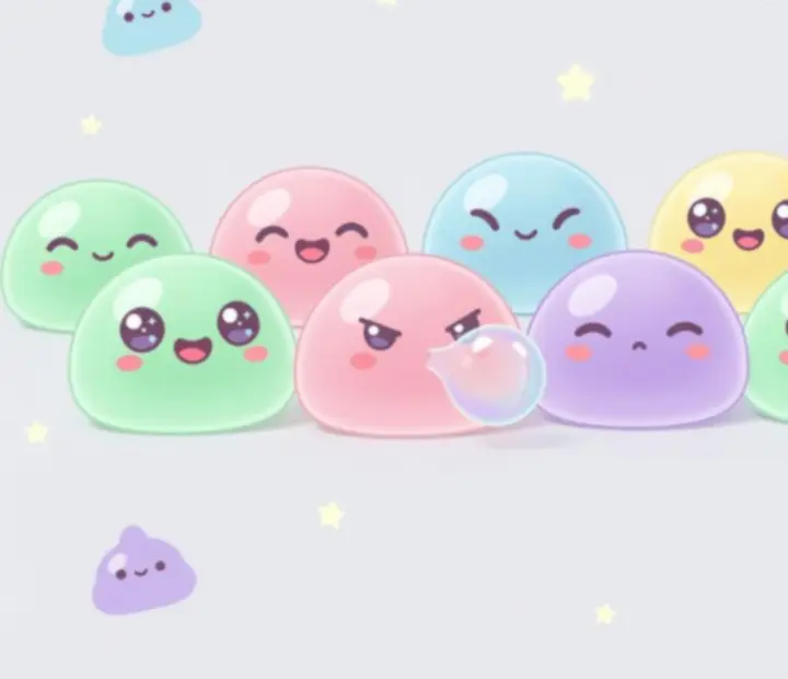 Különböző arckifejezésekkel rendelkező virtuális slime kisállatok gyűjteménye