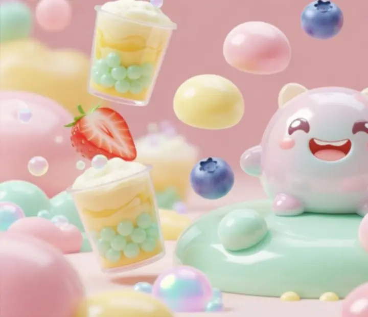 Különféle színes ételek és italok a My Virtual Slime Pet slime kisállata számára
