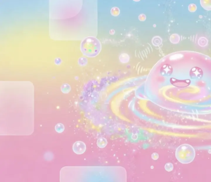 Csillámló, buborékos effektusokkal körülvett fejlődő slime illusztráció