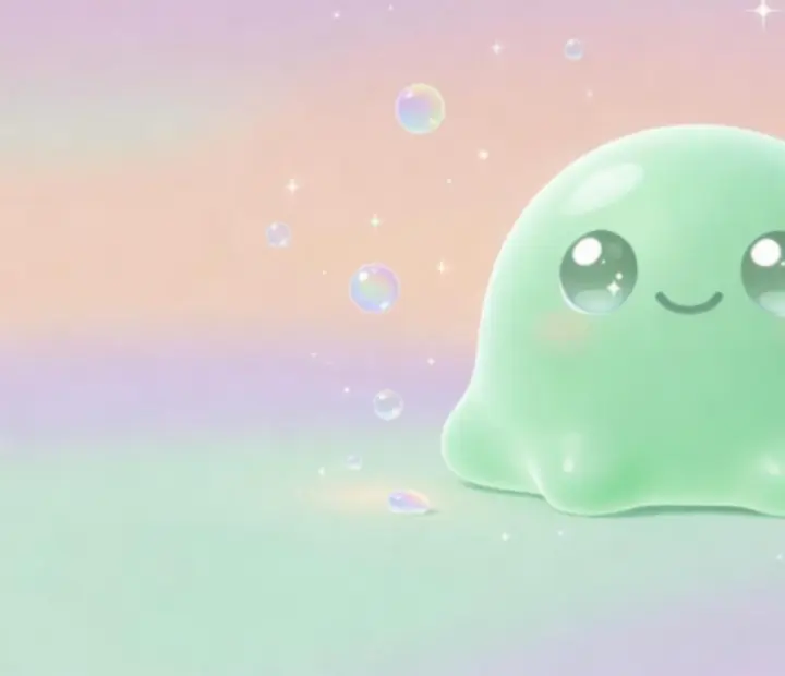 Mosolygó, pasztell zöld slime kisállat kawaii stílusban