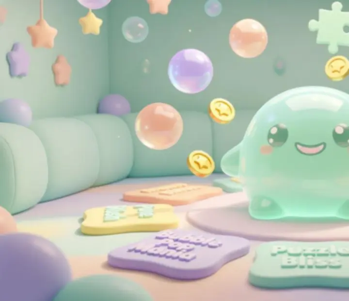 Színes minijáték-szoba a My Virtual Slime Pet játékban, puha slime dekorációkkal