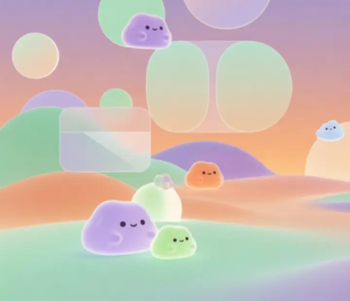 Pasztell menta, levendula és barack árnyalatokkal megjelenített My Virtual Slime Pet játékképernyő