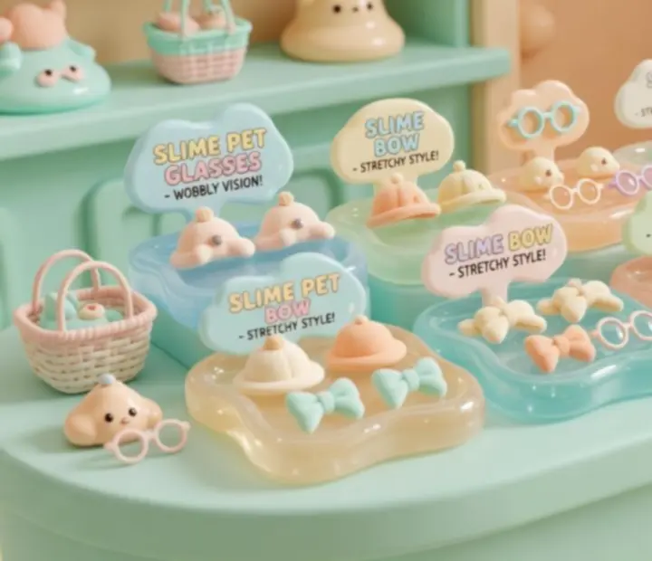 Slime kiegészítőket és dekorokat bemutató színes bolt felület